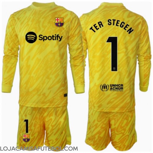 Camisa de Futebol Barcelona Ter Stegen #1 Goleiro Equipamento Principal Infantil 2024-25 Manga Comprida (+ Calças curtas)